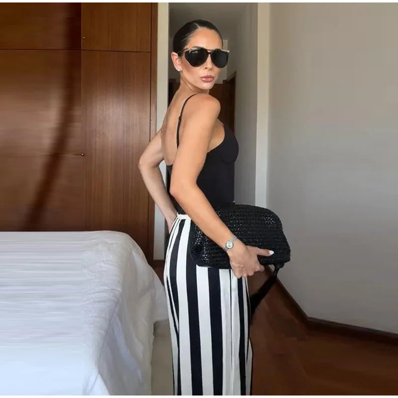 Striped Criss Cross Halter Two Piece Wide Leg Pants Set For Women