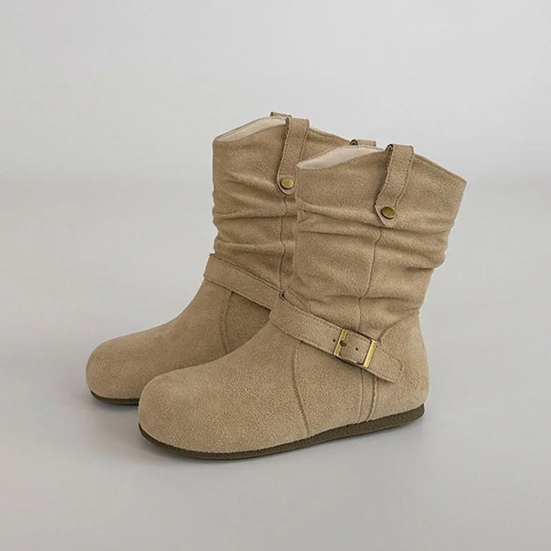 Retro Suede Buckle Slip On Western Ankle Boots for Women