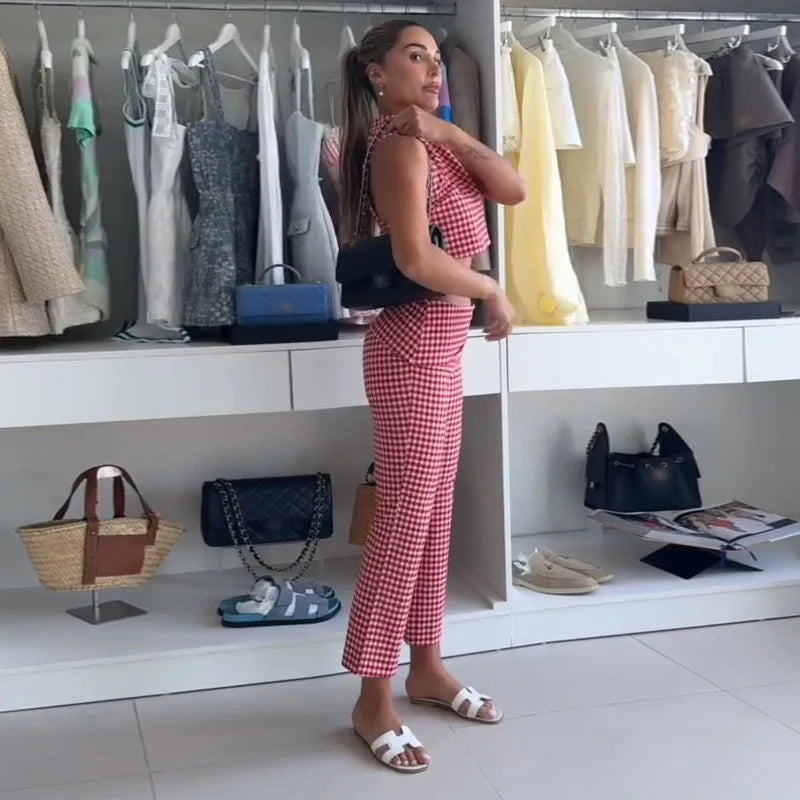 Casual Plaid Vest And Pleated Pants Set Beachwear for Women