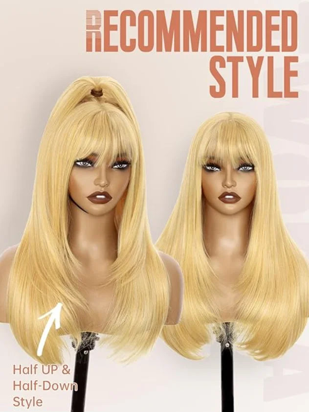 Natural Straight Layered Lace Front Wig With Bangs for Women