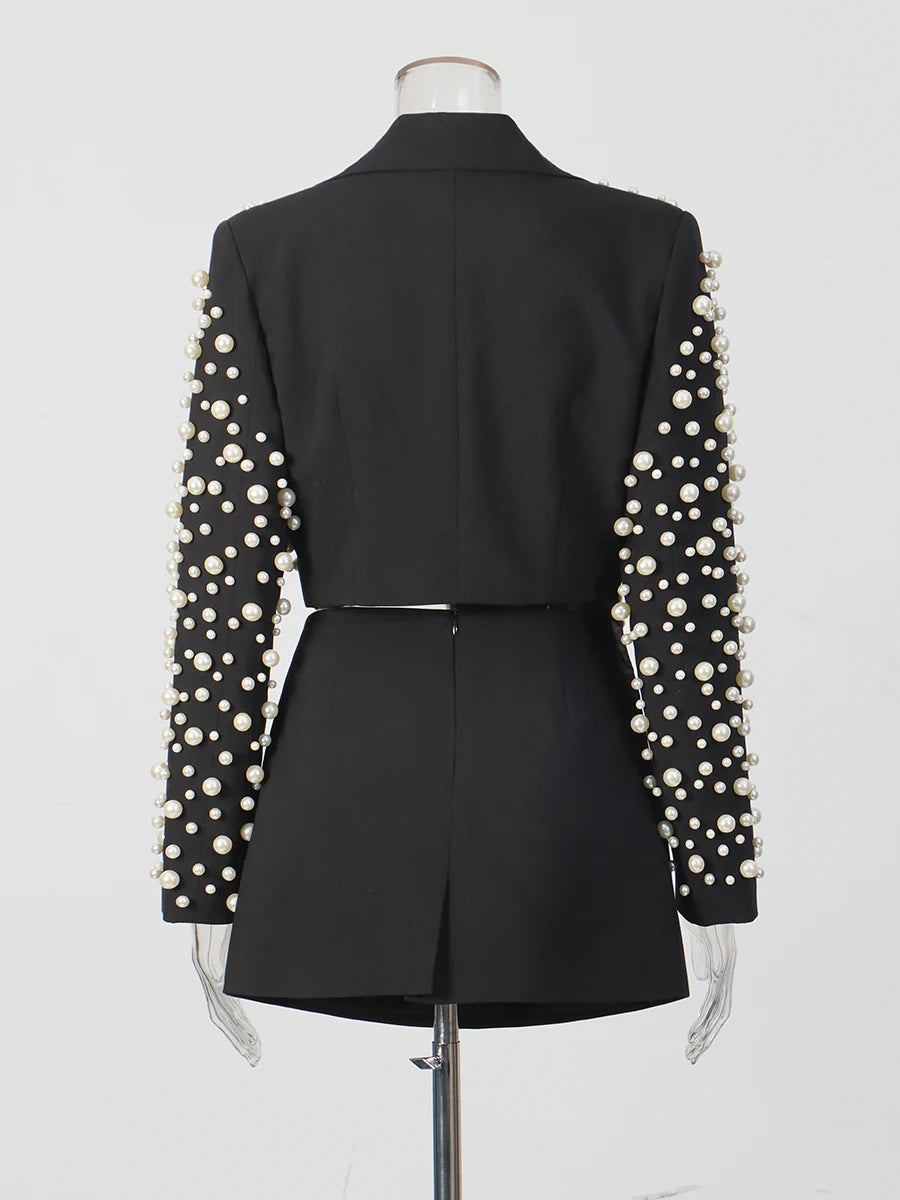 TWOTWINSTYLE Sexy Two Piece Sets For Women V Neck Long Sleeve Spliced Pearl Top High Waist Shorts Chic Set Female New KSE549891