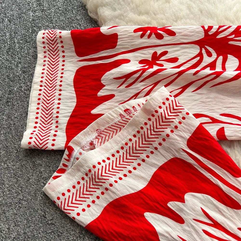 Boho Print Lace-Up Tank Top and Wide-Leg Pants Set for Women