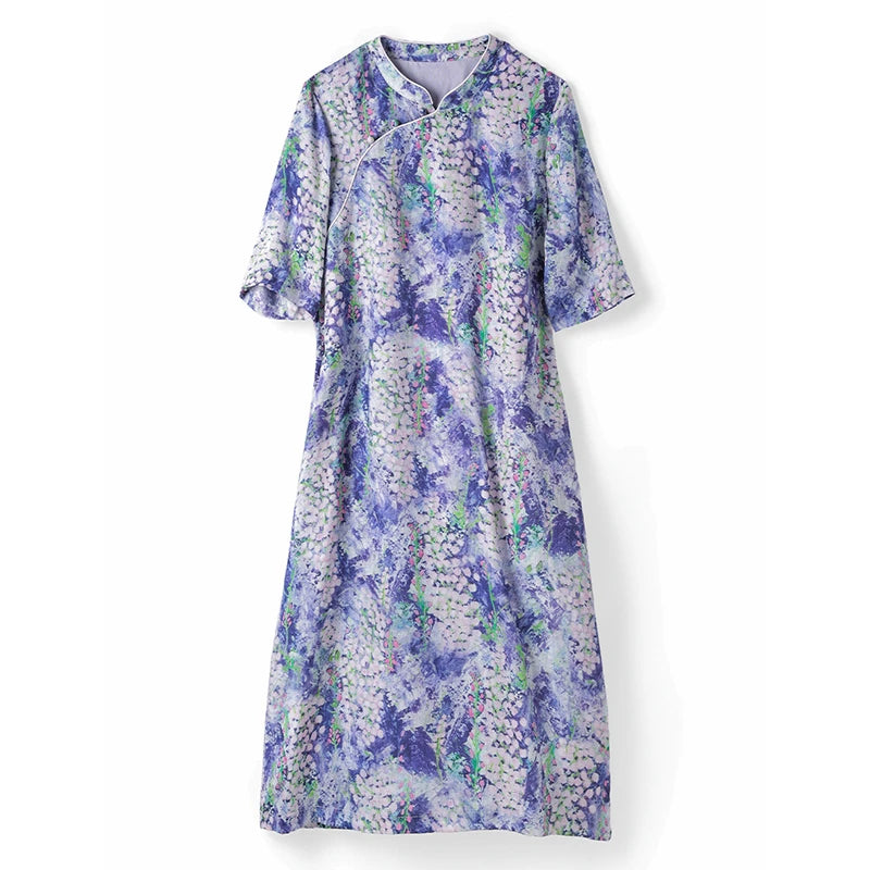 Casual Mandarin Collar Vintage Print Ramie Dress for Women