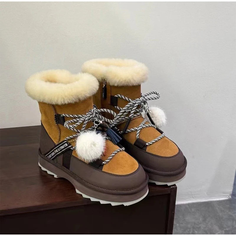 Plush Warm Snow Boots For Women Fashion Short Thick Non-slip Sports Shoes Lace-up Zipper Ankle Boots Thick Sole Shoelace Pendant