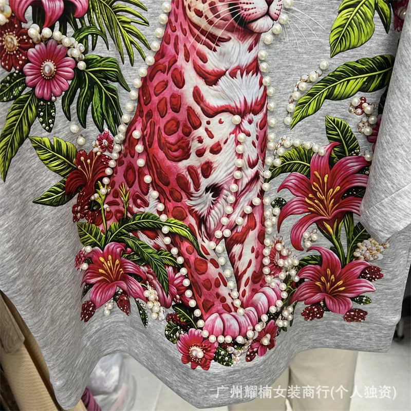 Relaxed Fit Beaded Animal Print Crew Neck Tee For Women