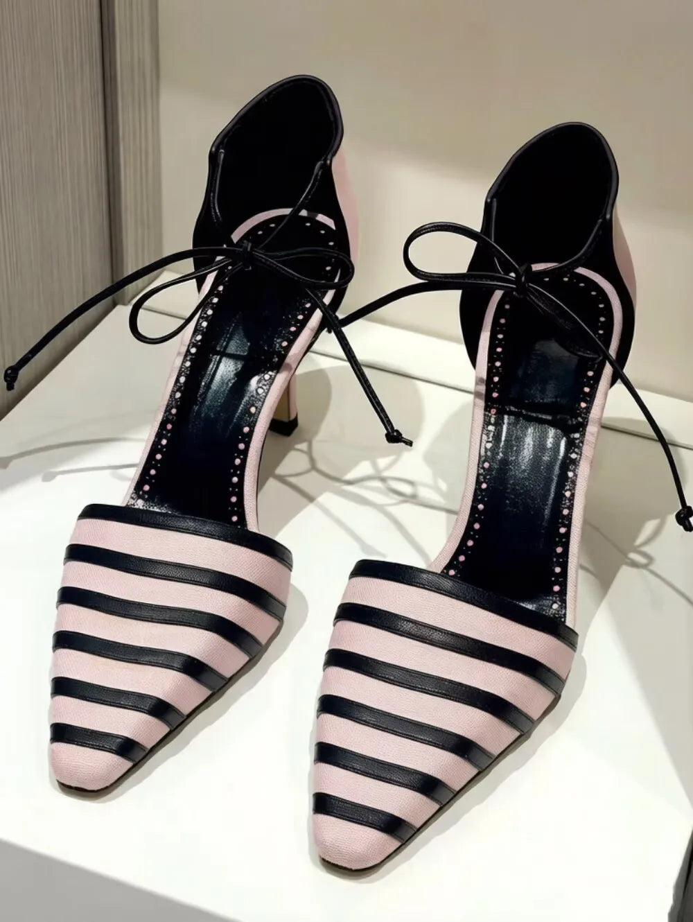 Light Pink Striped Pointed Toe Pumps