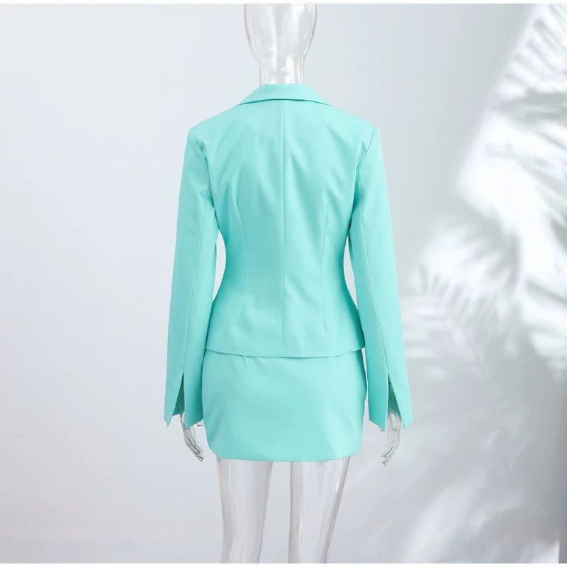 Turn-Down Collar Tailored Blazer Skirt Set for Women