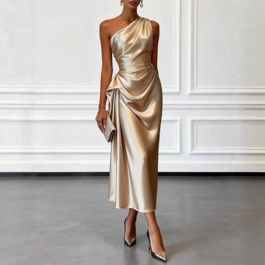 Diagonal Neckline Satin Midi Dress