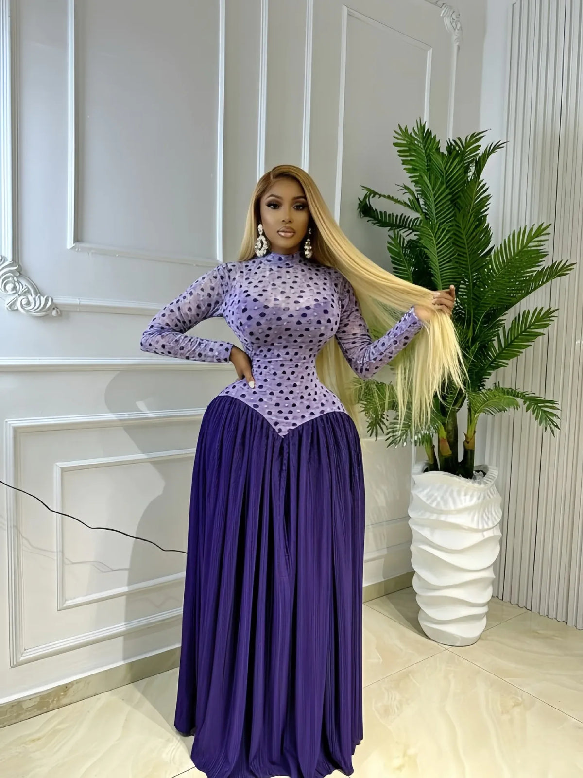 Pleated Stand Collar Maxi Dress With Long Sleeves for Women