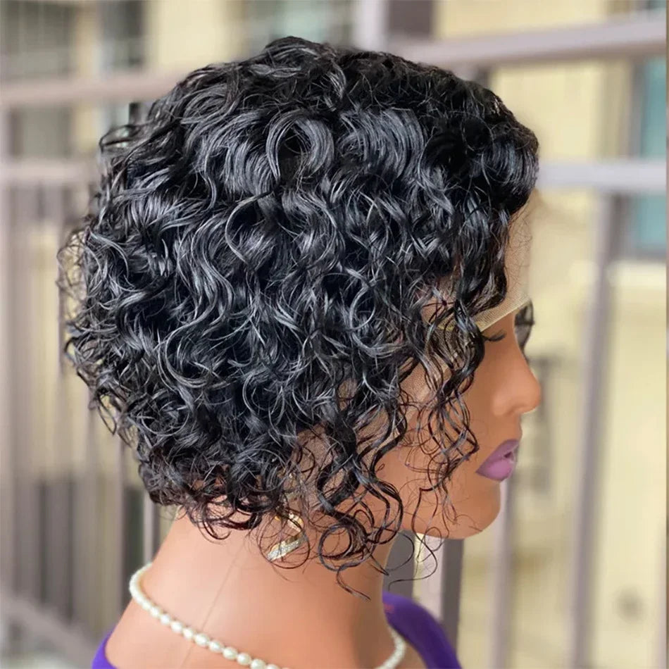 Short Kinky Curly Pixie Cut Human Hair Lace Wig for Women