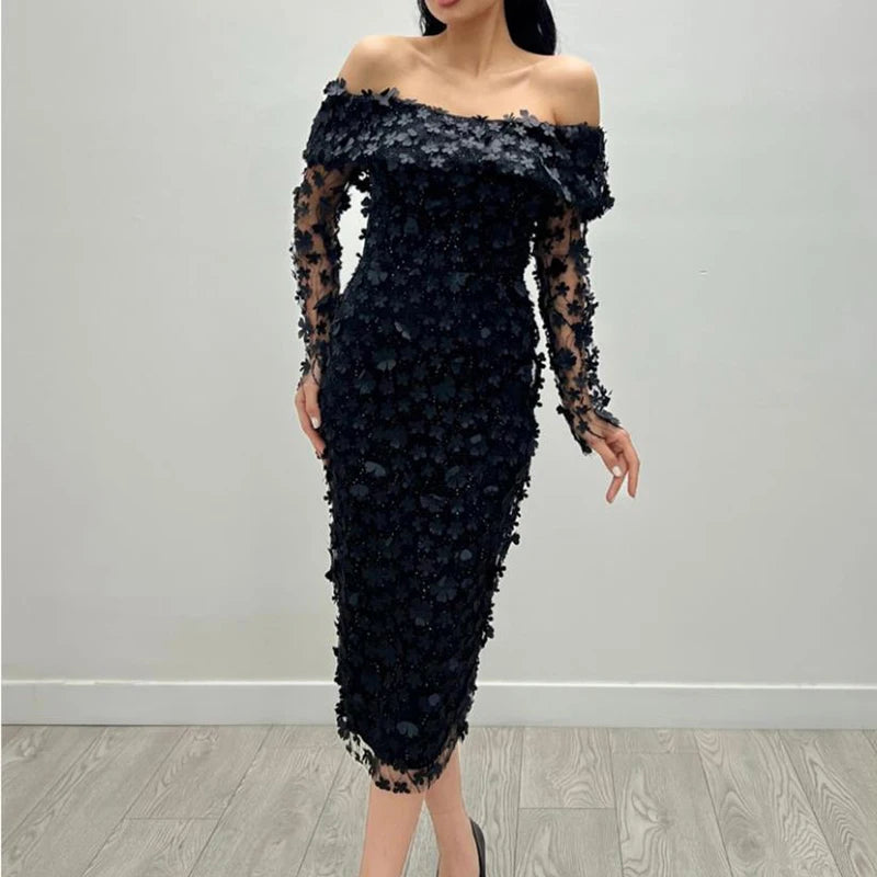 Floral Mesh Off Shoulder Slim Fit Party Long Dress for Women