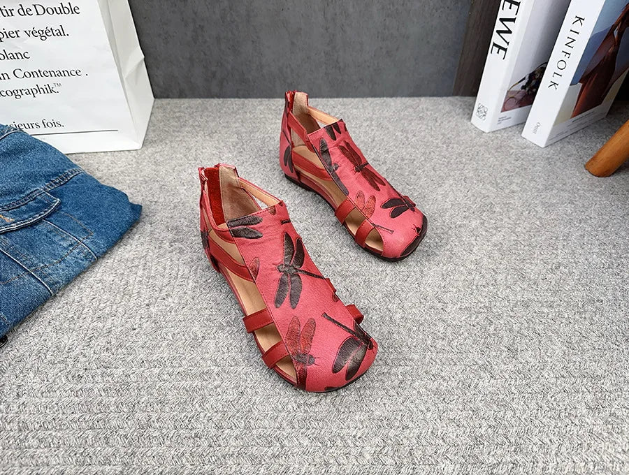 Flat Printed Genuine Leather Roman Sandals for Women