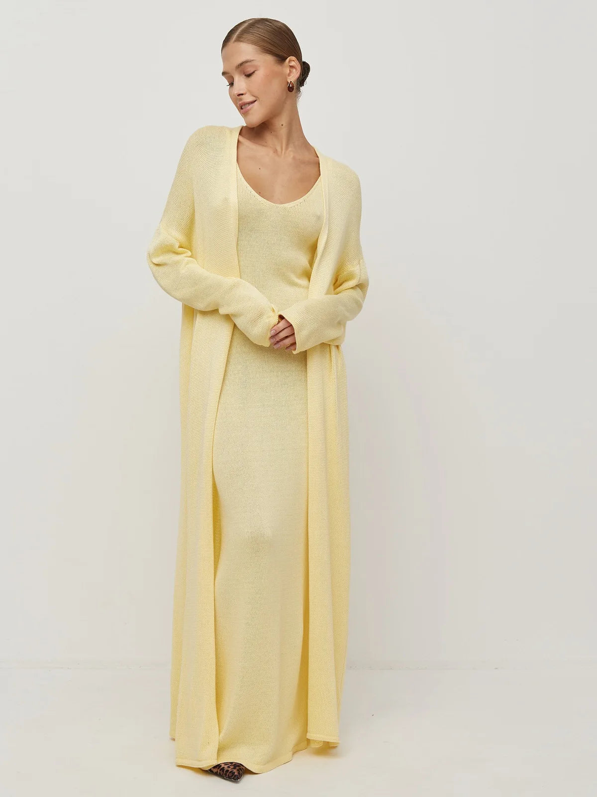 V-Neck Ribbed Knit Maxi Dress Set
