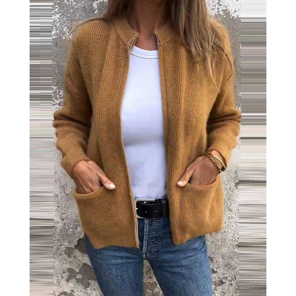 Women's Round Neck Zipper Design Long Sleeve Sweater Top Ladies Casual Fashion Cardigan Autumn