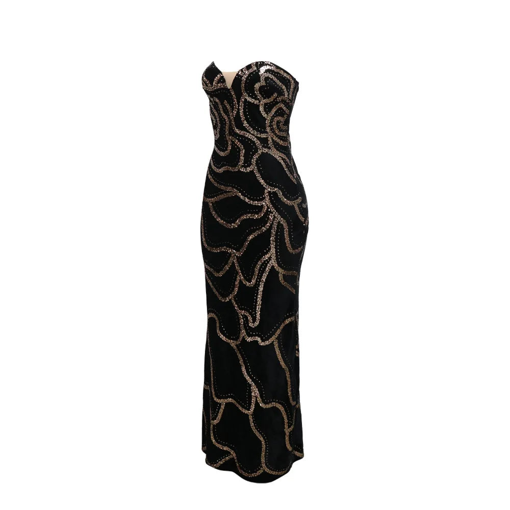 Sweetheart Strapless Deep V Velvet Rhinestone Rose Pattern Maxi Dress for Women