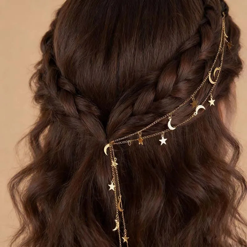 Gold Celestial Tassel Chain Hair Clip