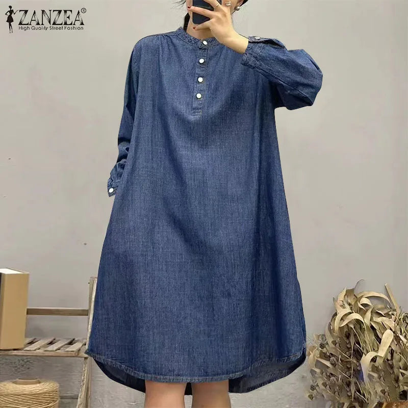 ZANZEA Women Shirt Dress Fashion Stand Collar Buttons Robes Casual Loose Long Sleeve Mini Dress Autumn Vintage Pocket Vestidos