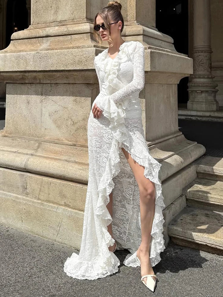 Cutenew Lace Stacked Women Maxi Dresses Romantic French Full Sleeve Ruffle Neck Split Bodycon Female Sexy Sheer Trend Vestidos