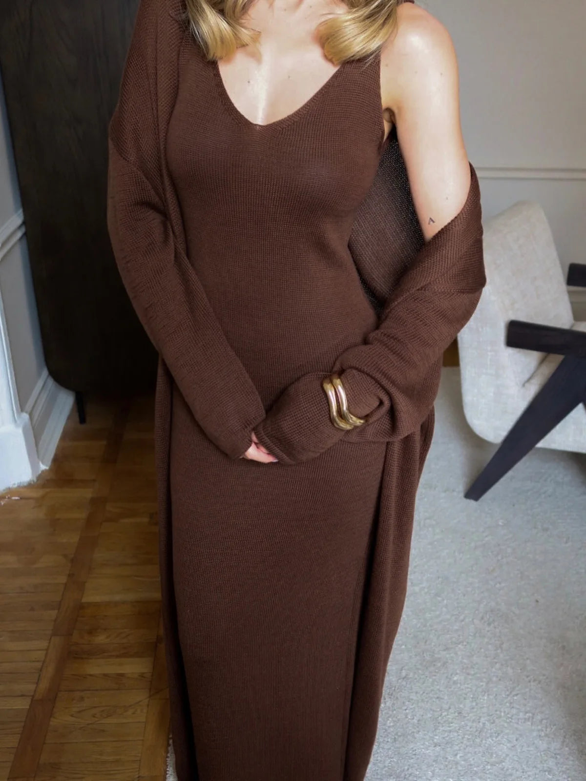 V-Neck Ribbed Knit Maxi Dress Set