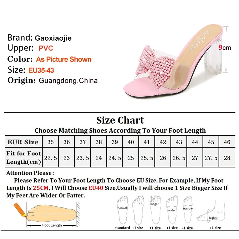 Pink Pearl Bow Design Clear Crystal High Heels for Women
