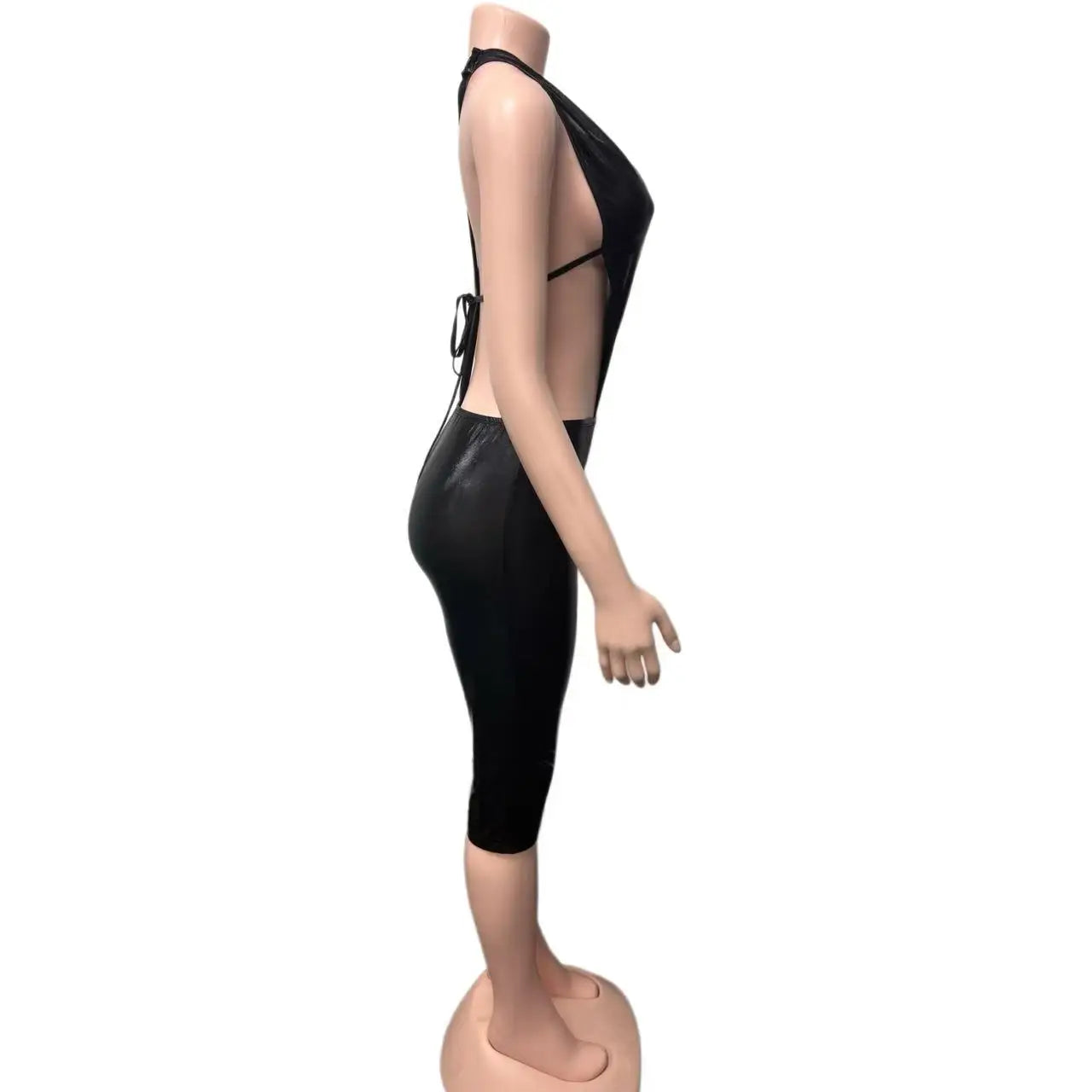 Weird Puss Sexy Women 2 Piece Set Halter Silky Hollow Sexy Backless Sleeveless Bodysuit+Bike Shorts Midnight Matching Clubwear