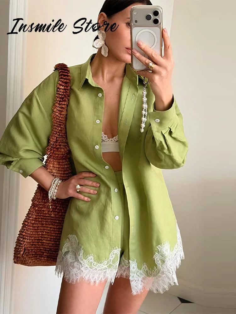 Casual Loose Fit Lace Patchwork Shorts Outfit For Women