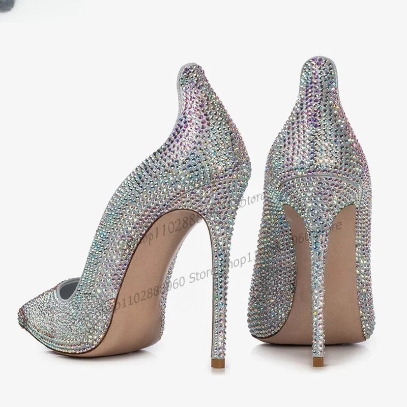 Deluxe Champagne Crystal Pointed Toe Covered Heel Pump for Women