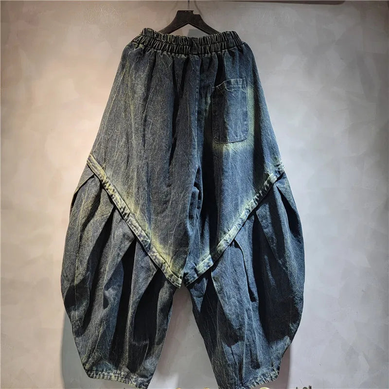 YEAE personalized exaggerated crotch pants women's 2024 autumn new elastic waist loose large size lantern denim pants