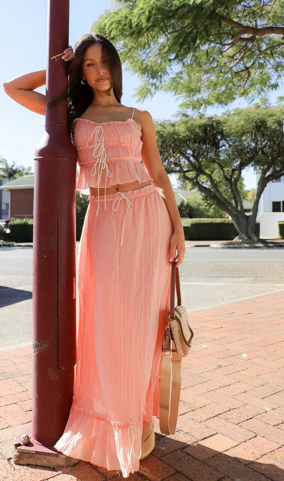 Pleated Bow Suspender Top and Skirt Two Piece Set for Women