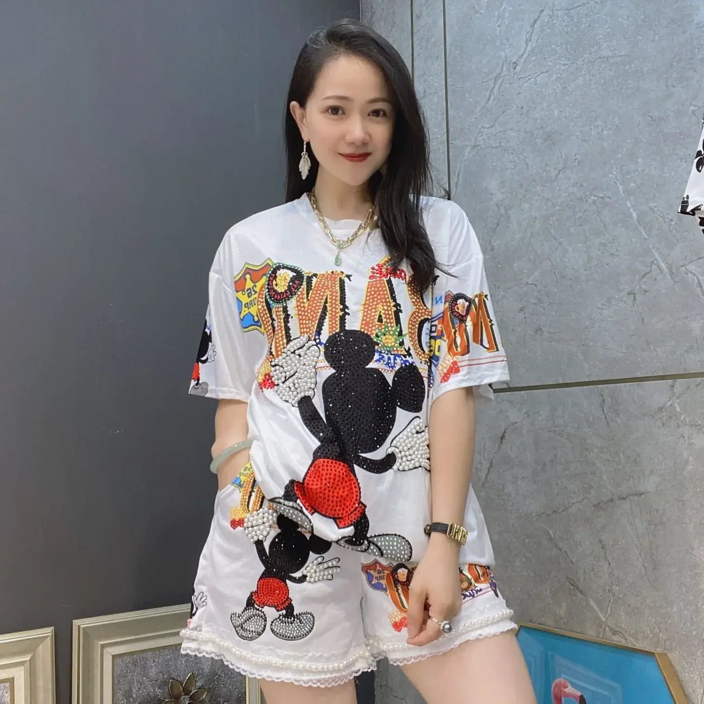 Heavy Industry Rhinestone Hot Fixed Short Sleeve T-shirt Summer New Casual Suit Top and Shorts 2 Piece Sets Womens Outfits