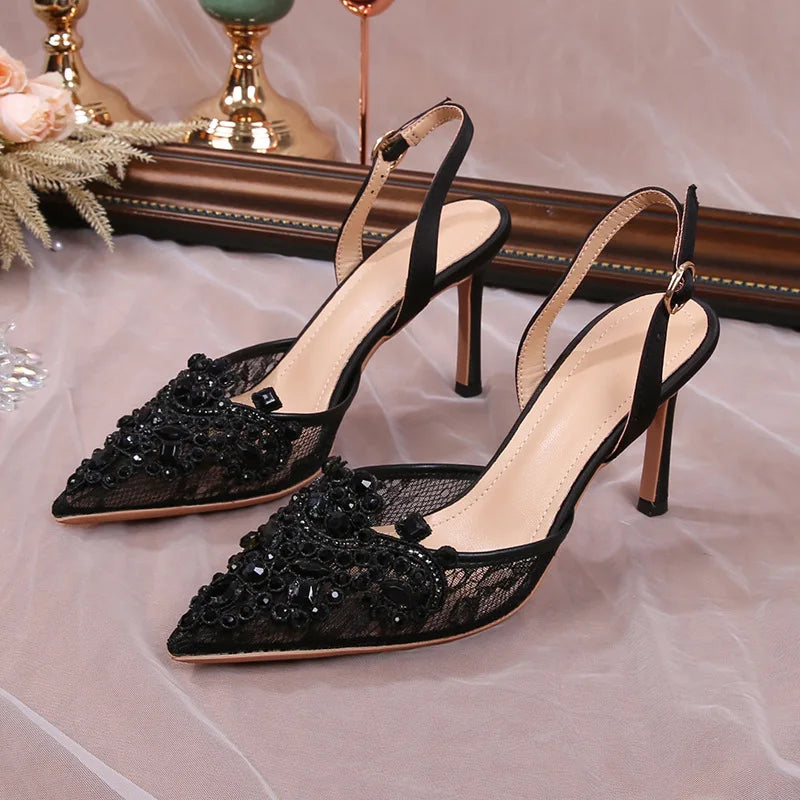 Lace Pearl Beaded Pointed Toe Stiletto Heels for Women