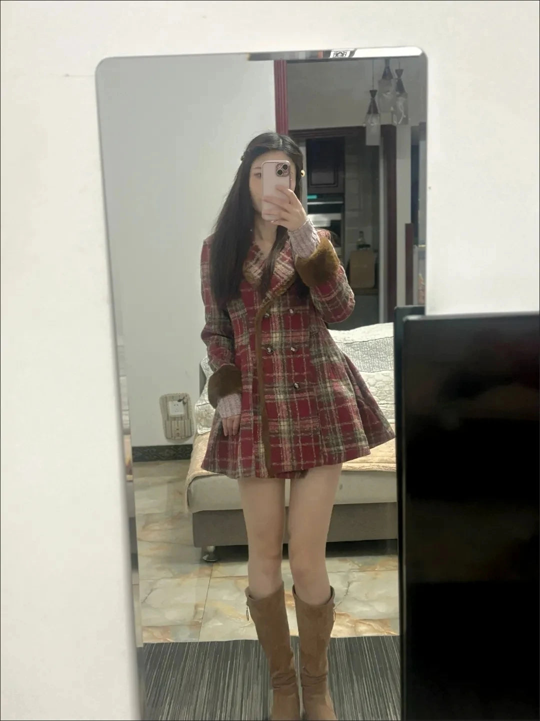 Women's Double Breasted Plaid Coat, Woolen Jacket , V-Neck, Loose Tops, Female Clothes, Sweet, New, Autumn, Winter