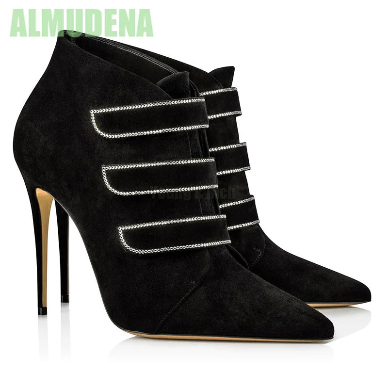 Rhinestone Pointed Toe Suede Thin High Heeled Ankle Boots For Women