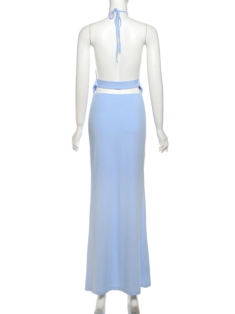 Weird Puss Sexy Backless Maxi Dress Women Halter Ruched Hollow Sleeveless Robe Vacation Fashion Beach Party Elegant Vestidos