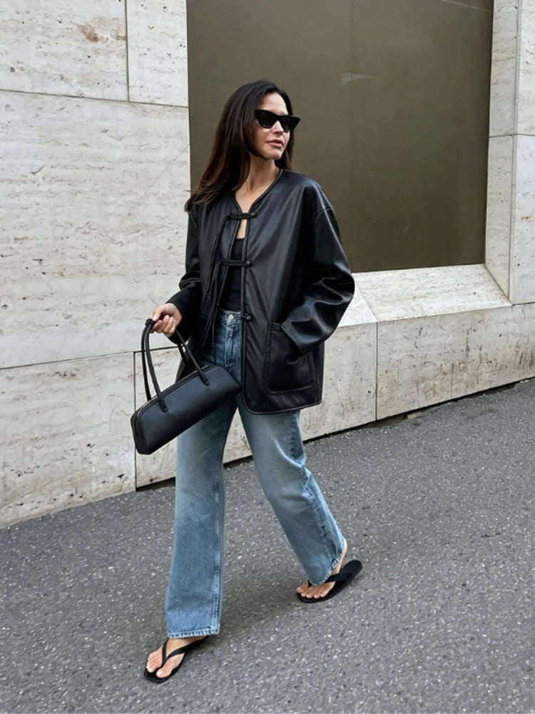 Autumn Winter Pu Leather Moto Jacket With Long Sleeve for Women