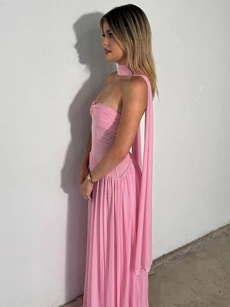 Mesh Shirred Strapless Maxi Dress