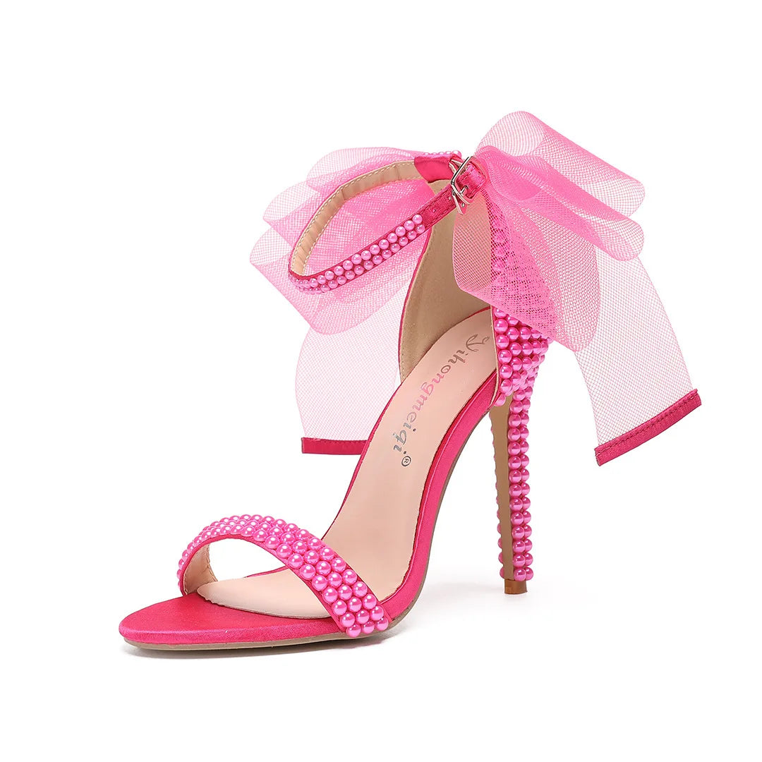 Elegant Pearl Beaded Mesh Bowknot Sandals for Women