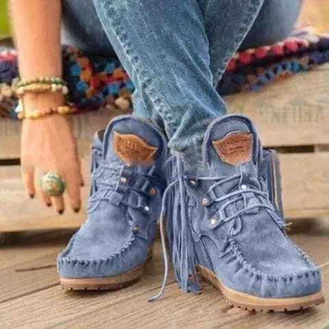 Vintage Pointed Toe Suede Western Ankle Boots With Tassels For Women