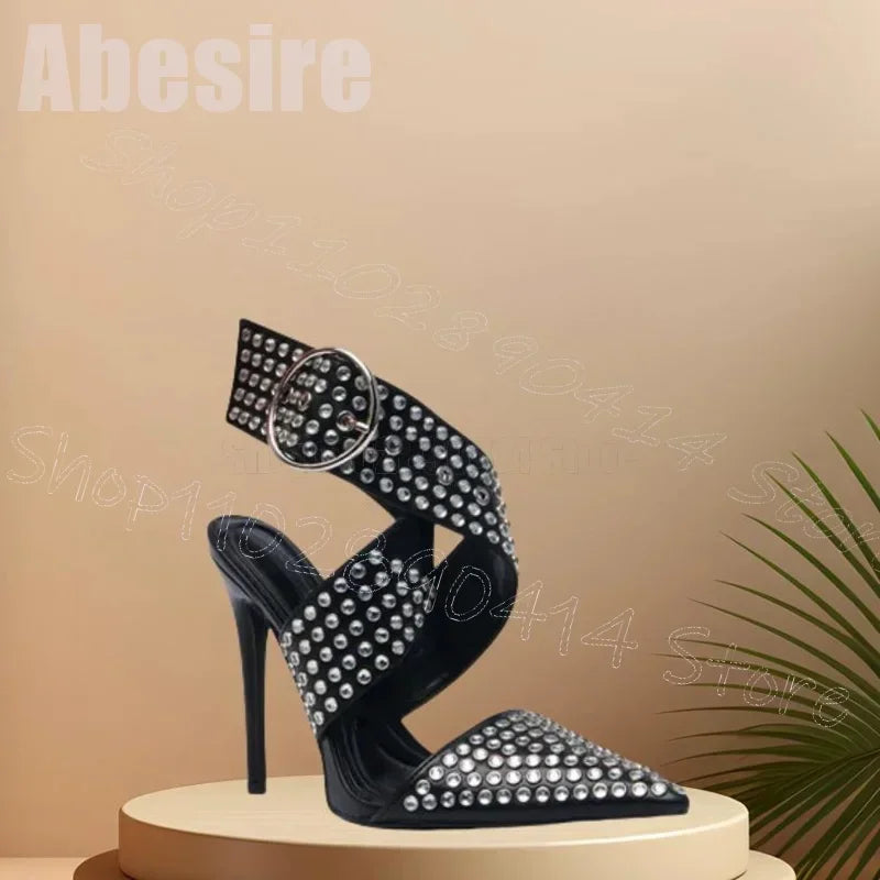 Elegant Black Crystal Pointed Toe Sandals for Women