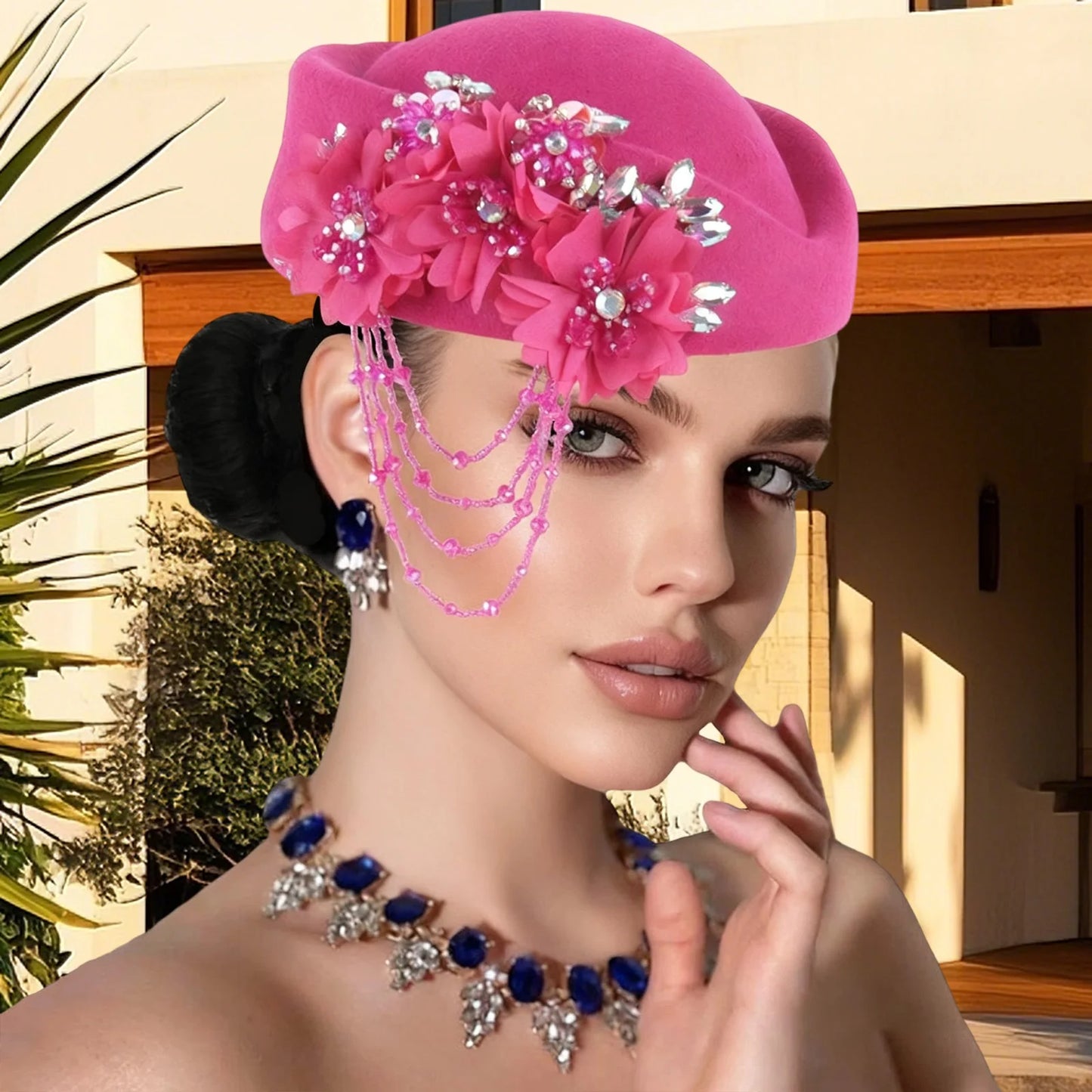 Retro British Beret With Floral Rhinestone Decor For Women