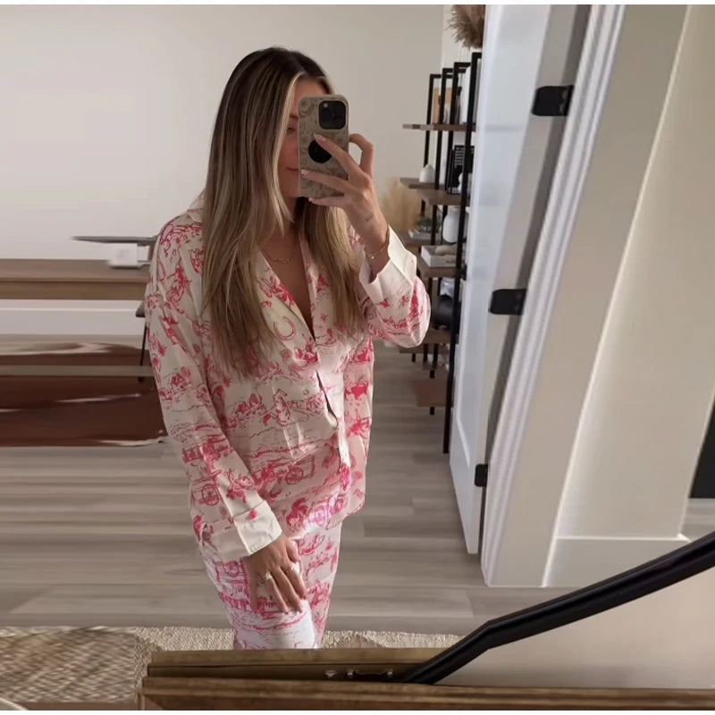 Casual Print Blouse and Wide Leg Pants Set for Women
