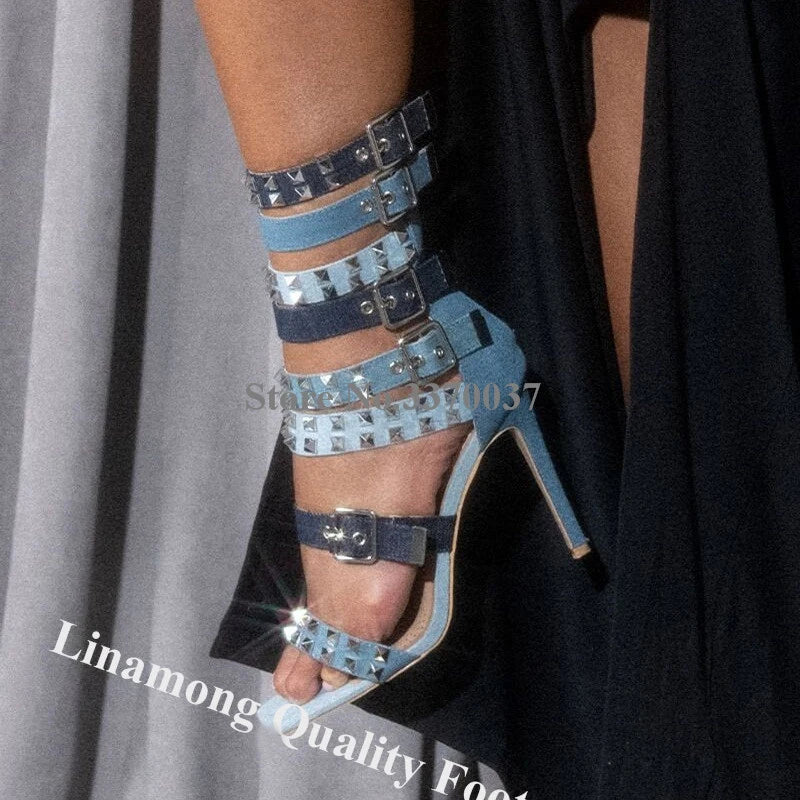 Metal Rivet Denim Patchwork Gladiator Stiletto Heels For Women