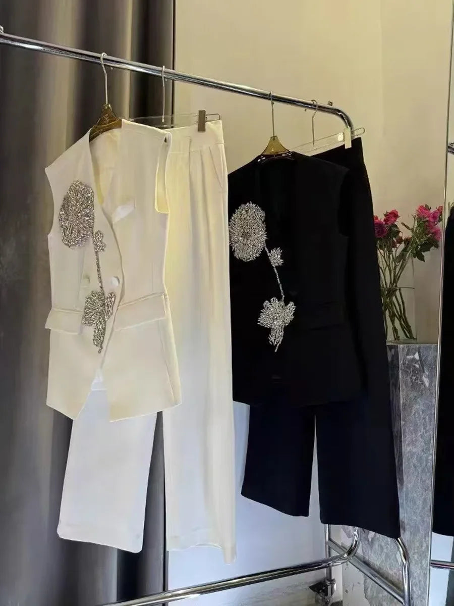 Beaded Luxury Double Breasted Vest Jacket Two Piece Set for Women