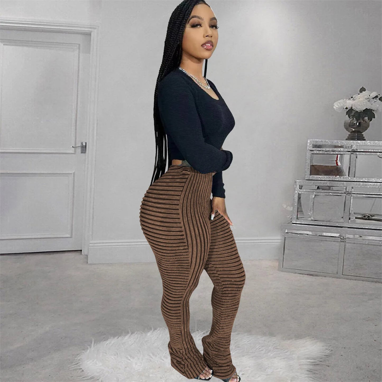 FAGADOER Stripe Plush Stacked Pants Women Casual Solid Color Fur Patchwork Flare Trousers Y2K Female Streetwear Bottoms 2025 New