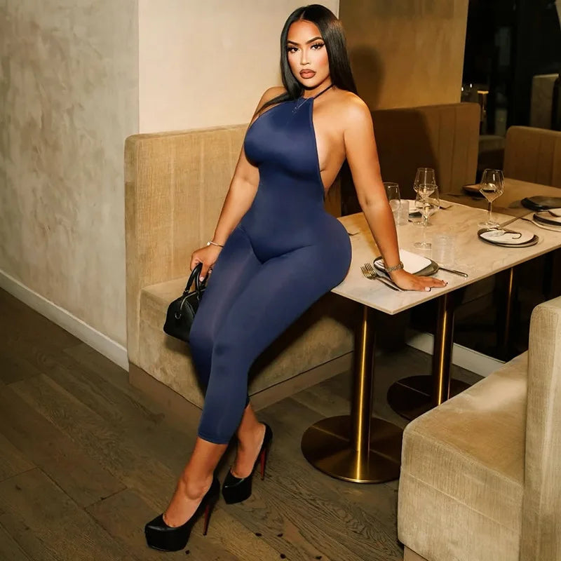 Backless Ruched Halter Neck Capri Jumpsuit for Women