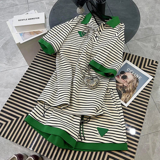 Shorts Pant Set Women Two Piece Sets Matching Sets Short Sleeve Tops Striped Pants Casual Elastic Waist Summer Y2k Streetwear