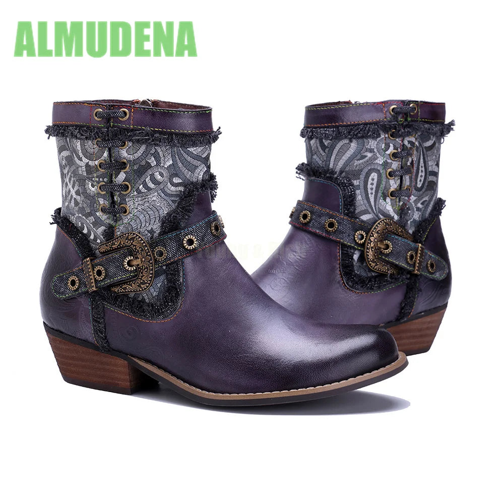 Vintage Western Short Boots With Square Heel And Belt Buckle For Women