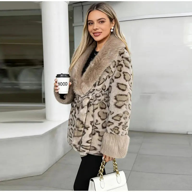 Leopard Print Faux Fur Patchwork Winter Overcoat for Women