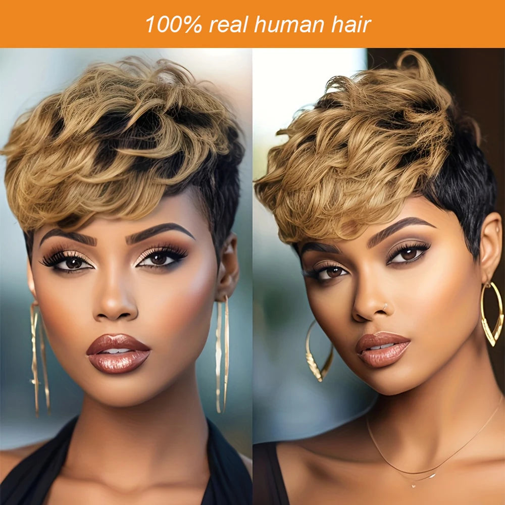 Kinky Curly Bob Wig With Bangs Black Champagne Human Hair For Women