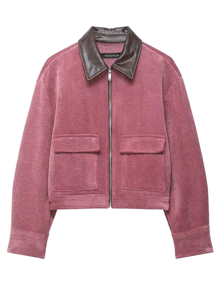 Pink Corduroy With Zipper And Pockets Long Sleeve Jacket for Women